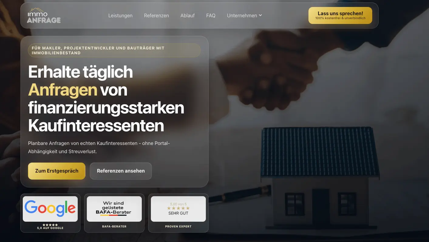 Desktop-Ansicht der ImmoAnfrage Landingpage